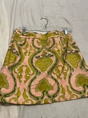 J. Crew Pink and Olive Patterned A-Line Skirt. Linen material. Beautiful.